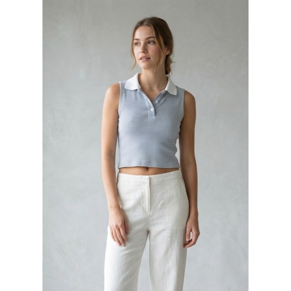 Brandy Melville Striped Sleeveless Polo Crop Top Blue White OS